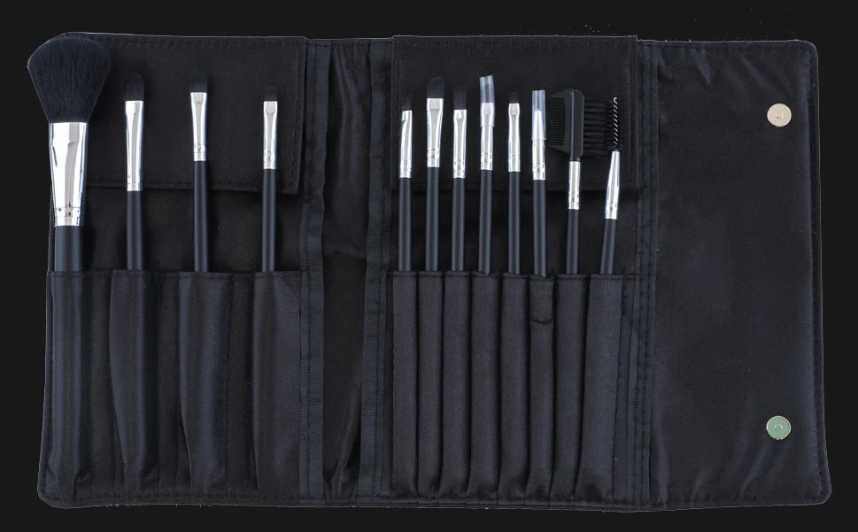 12 Pieces Satin Pouch Brush Set Black (eyes)